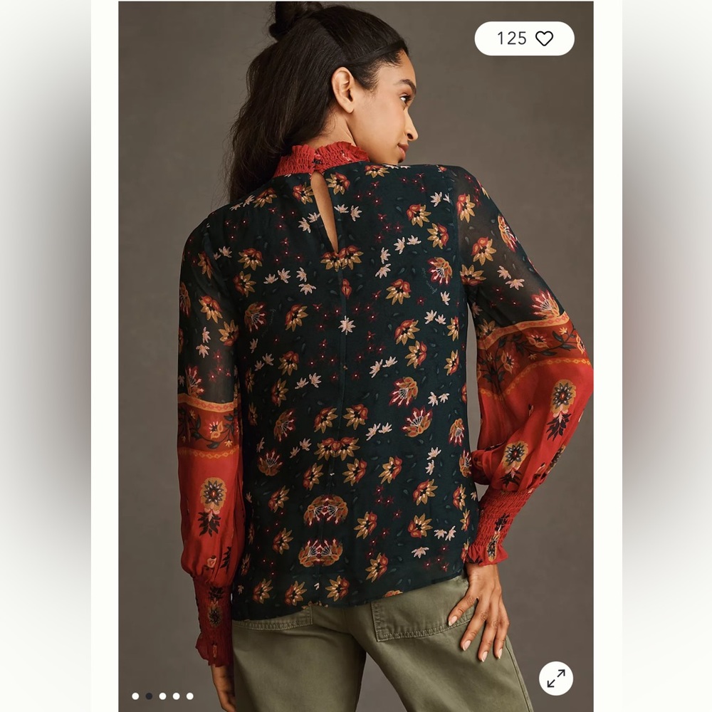Anthropologie NWT FARM RIO LONG-SLEEVE SMOCKED BLOUSE Size XS. - Picture 3 of 10